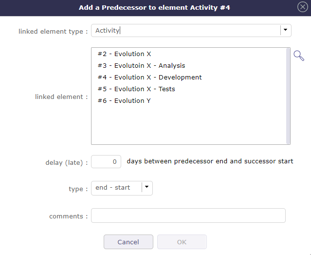 Dialog box - Predecessor or Successor element