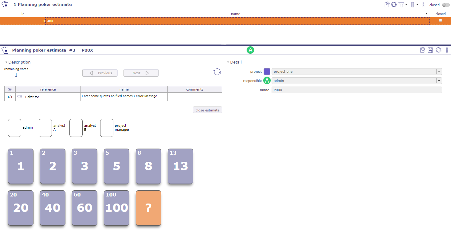 Estimate planning poker screen