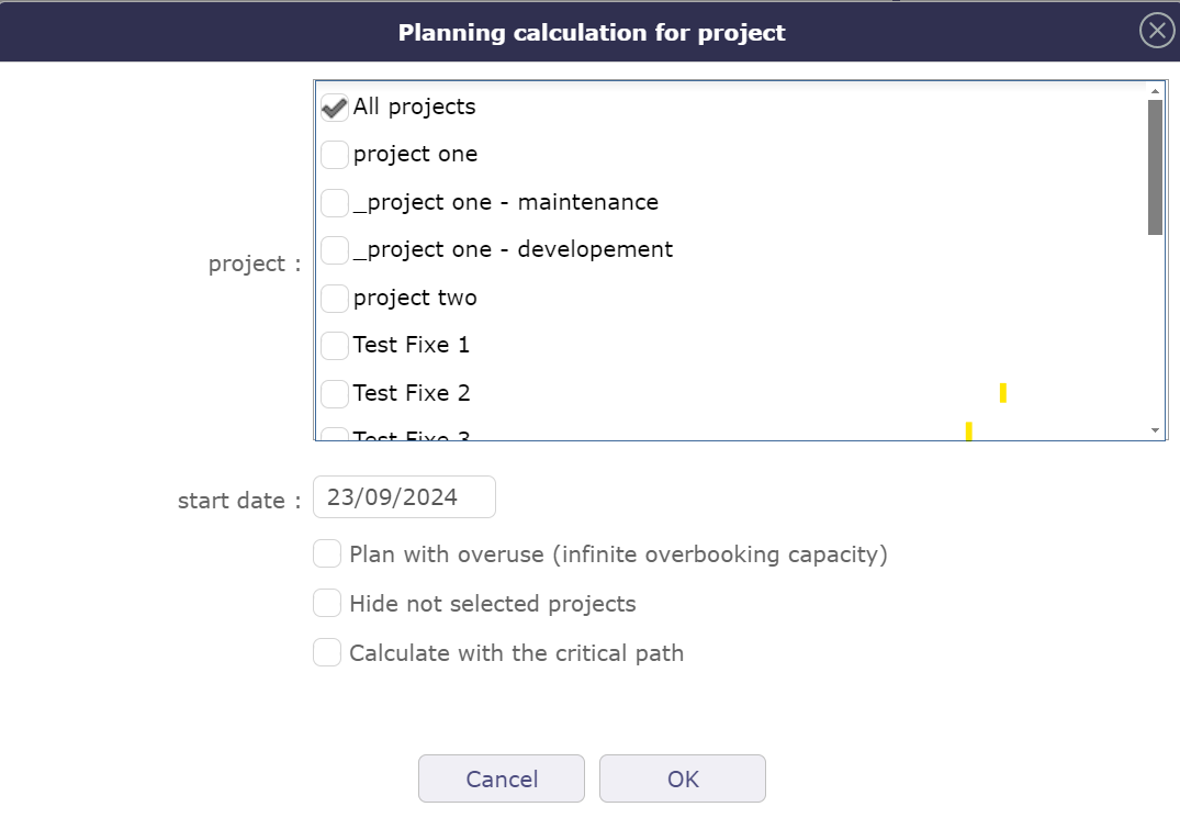 Project selection popUp for project calculation