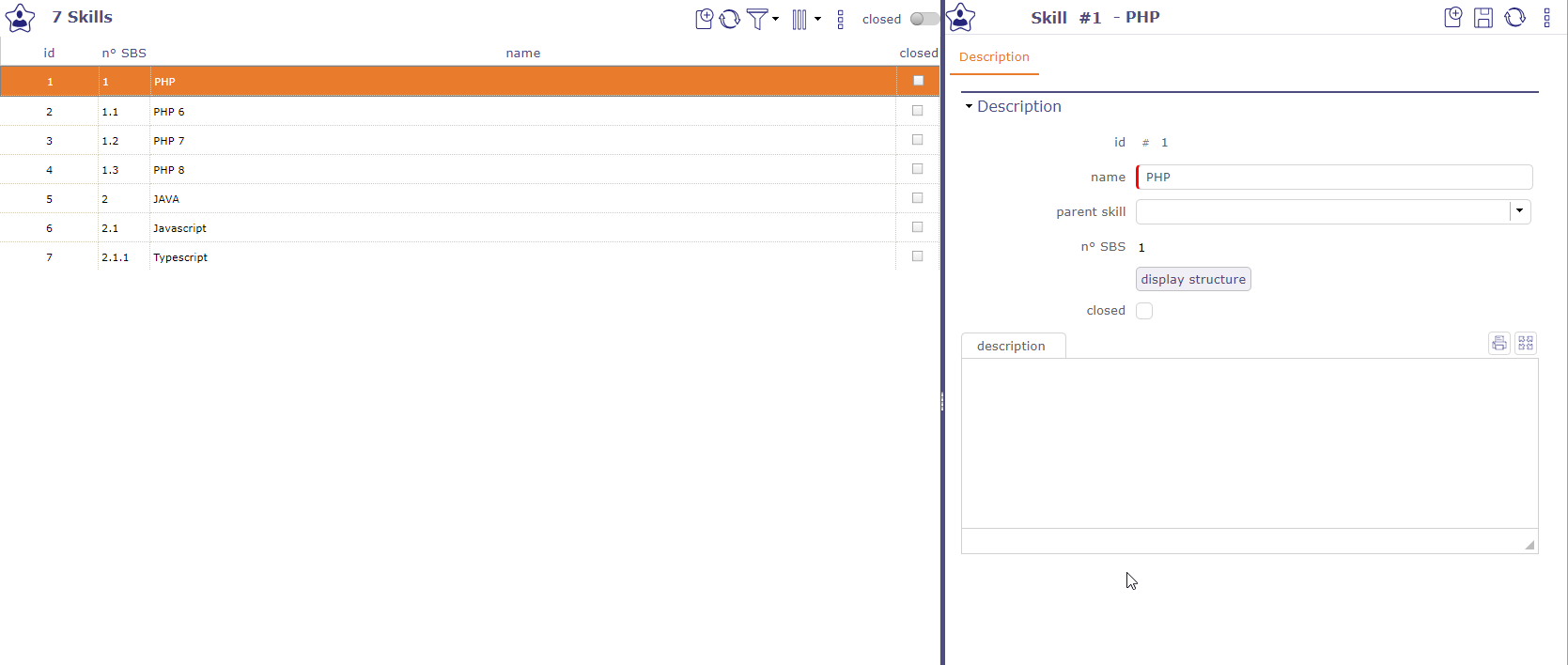Skill management screen